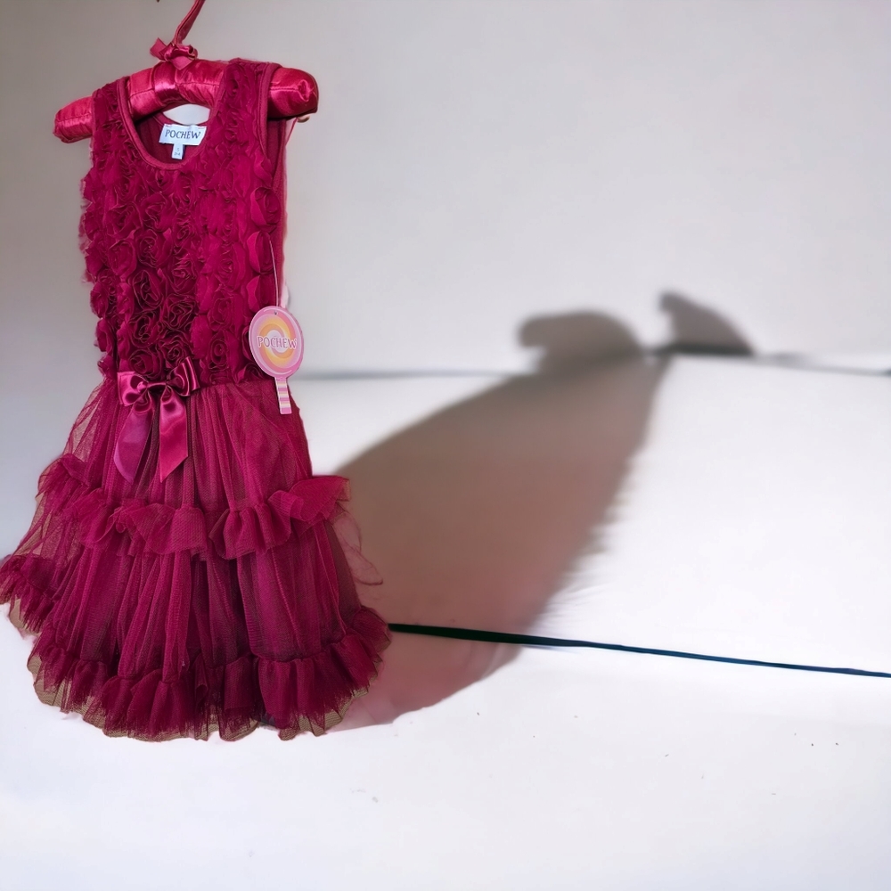 POCHEW RED FLORAL, SATIN, & SHEER DRESS SIZE (S 3-4) Girls